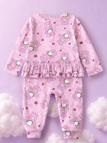 SHEIN X Care Bears 女嬰卡通熊長袖前開拉鍊連身衣 - 粉色 - 查看 4