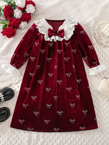 SHEIN 女童蕾絲拼接蝴蝶結裝飾居家休閒洋裝 - 彩色 - 查看 5