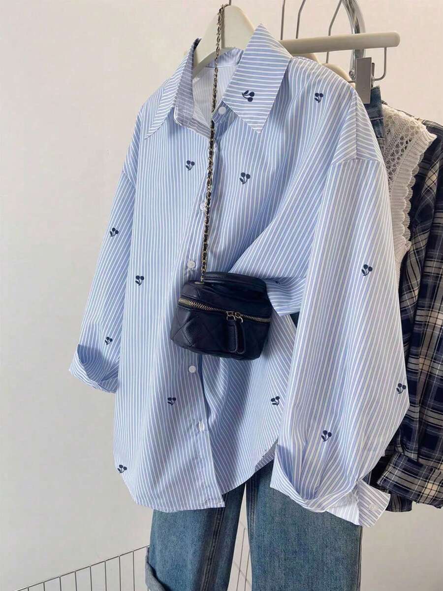 SHEIN 大码条纹印花休闲长袖衬衫 - 彩色 - 查看 1