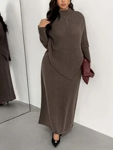 Auralis Women's High Neck Asymmetrical Shawl Knit 2 Pieces Set, Loose Batwing Sleeve Top And Skirt, Lazy Style, Fall/Winter, Thanksgiving, New Year - Brown - View 7