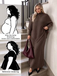 Auralis Women's High Neck Asymmetrical Shawl Knit 2 Pieces Set, Loose Batwing Sleeve Top And Skirt, Lazy Style, Fall/Winter, Thanksgiving, New Year - Brown - View 2