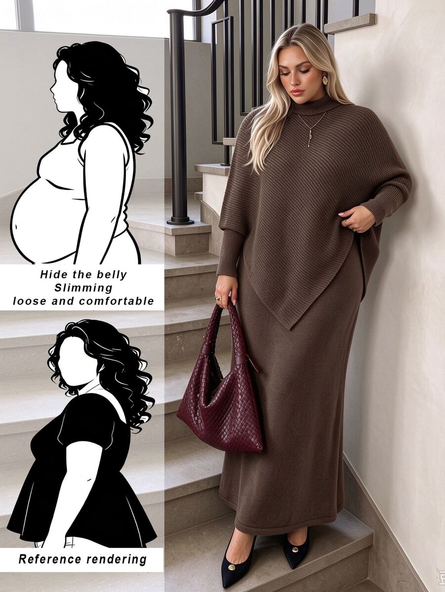 Auralis Women's High Neck Asymmetrical Shawl Knit 2 Pieces Set, Loose Batwing Sleeve Top And Skirt, Lazy Style, Fall/Winter, Thanksgiving, New Year