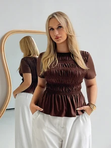 Auralis Summer Brown Plus Size T-Shirt,Round Neck Short Sleeve Fitted Top For Everyday,Smart Casual Elegant Commute Office Wear,Stretchy Mermaid Style - Brown - View 6