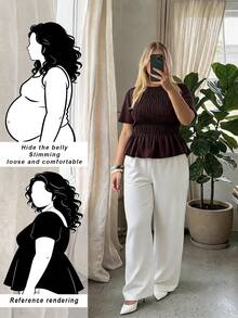 Auralis Summer Brown Plus Size T-Shirt,Round Neck Short Sleeve Fitted Top For Everyday,Smart Casual Elegant Commute Office Wear,Stretchy Mermaid Style - Brown - View 9