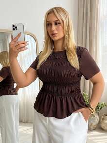 Auralis Summer Brown Plus Size T-Shirt,Round Neck Short Sleeve Fitted Top For Everyday,Smart Casual Elegant Commute Office Wear,Stretchy Mermaid Style - Brown - View 10