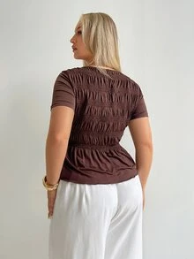 Auralis Summer Brown Plus Size T-Shirt,Round Neck Short Sleeve Fitted Top For Everyday,Smart Casual Elegant Commute Office Wear,Stretchy Mermaid Style - Brown - View 4