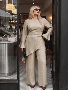 Auralis Round Neck Flared Long Sleeve Cinched Waist Pleated Extra Long Top & Wide Leg Pants Plus Size Set/Asymmetrical Top / Lace-Up / Slit Fall - Khaki - View 8