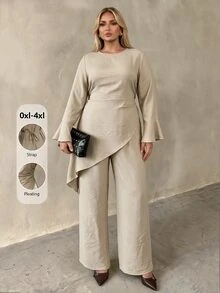 Auralis Round Neck Flared Long Sleeve Cinched Waist Pleated Extra Long Top & Wide Leg Pants Plus Size Set/Asymmetrical Top / Lace-Up / Slit Fall - Khaki - View 7