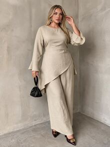 Auralis Round Neck Flared Long Sleeve Cinched Waist Pleated Extra Long Top & Wide Leg Pants Plus Size Set/Asymmetrical Top / Lace-Up / Slit Fall - Khaki - View 5