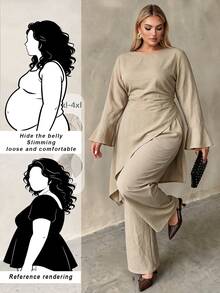 Auralis Round Neck Flared Long Sleeve Cinched Waist Pleated Extra Long Top & Wide Leg Pants Plus Size Set/Asymmetrical Top / Lace-Up / Slit Fall - Khaki - View 1