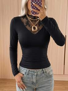 SHEIN EZwear Black Knitted Women's Lace Patchwork T-Shirt - Black - View 2