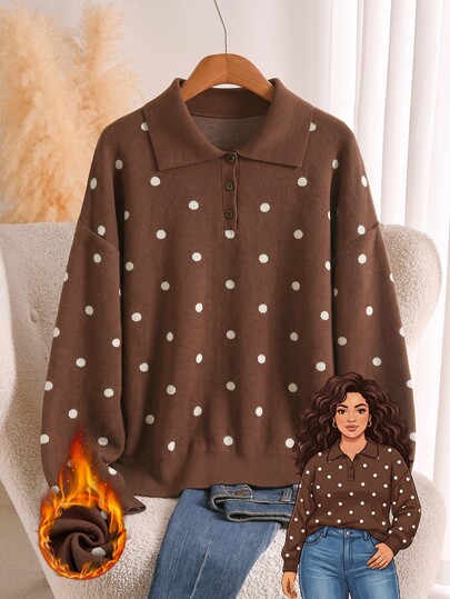 Rusticease Women's Plus Size Thick Knit Sweater Brown Polo Collar Top Fall Formal Homewear Evening Casual 1920s Vintage