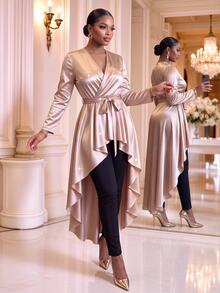 SHEIN Lady CURVE Plus Size Women Solid Color V-Neck Waist Tie Casual Celestial Versatile Blouse Party Formal Champagne Autumn Golden Tops Wedding Guest New Year Fall - Gold - View 6