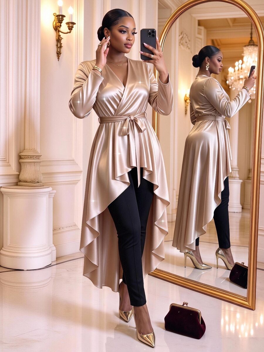 SHEIN Lady CURVE Plus Size Women Solid Color V-Neck Waist Tie Casual Celestial Versatile Blouse Party Formal Champagne Autumn Golden Tops Wedding Guest New Year Fall - Gold - View 1