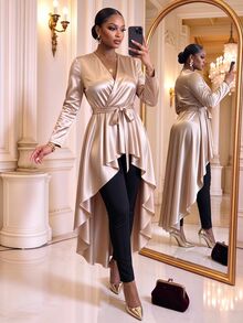 SHEIN Lady CURVE Plus Size Women Solid Color V-Neck Waist Tie Casual Celestial Versatile Blouse Party Formal Champagne Autumn Golden Tops Wedding Guest New Year Fall - Gold - View 3