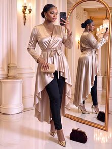 SHEIN Lady CURVE Plus Size Women Solid Color V-Neck Waist Tie Casual Celestial Versatile Blouse Party Formal Champagne Autumn Golden Tops Wedding Guest New Year Fall - Gold - View 4