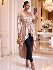 SHEIN Lady CURVE Plus Size Women Solid Color V-Neck Waist Tie Casual Celestial Versatile Blouse Party Formal Champagne Autumn Golden Tops Wedding Guest New Year Fall - Gold - View 5