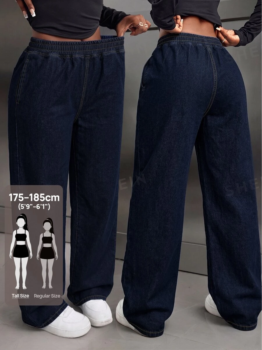 SHEIN Tall 女款休閒彈性腰直筒水洗牛仔褲,適合高個女性 - 深色水洗藍 - 查看 1