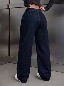 SHEIN Tall 女款休閒彈性腰直筒水洗牛仔褲，適合高個女性 - 深色水洗藍 - 查看 2