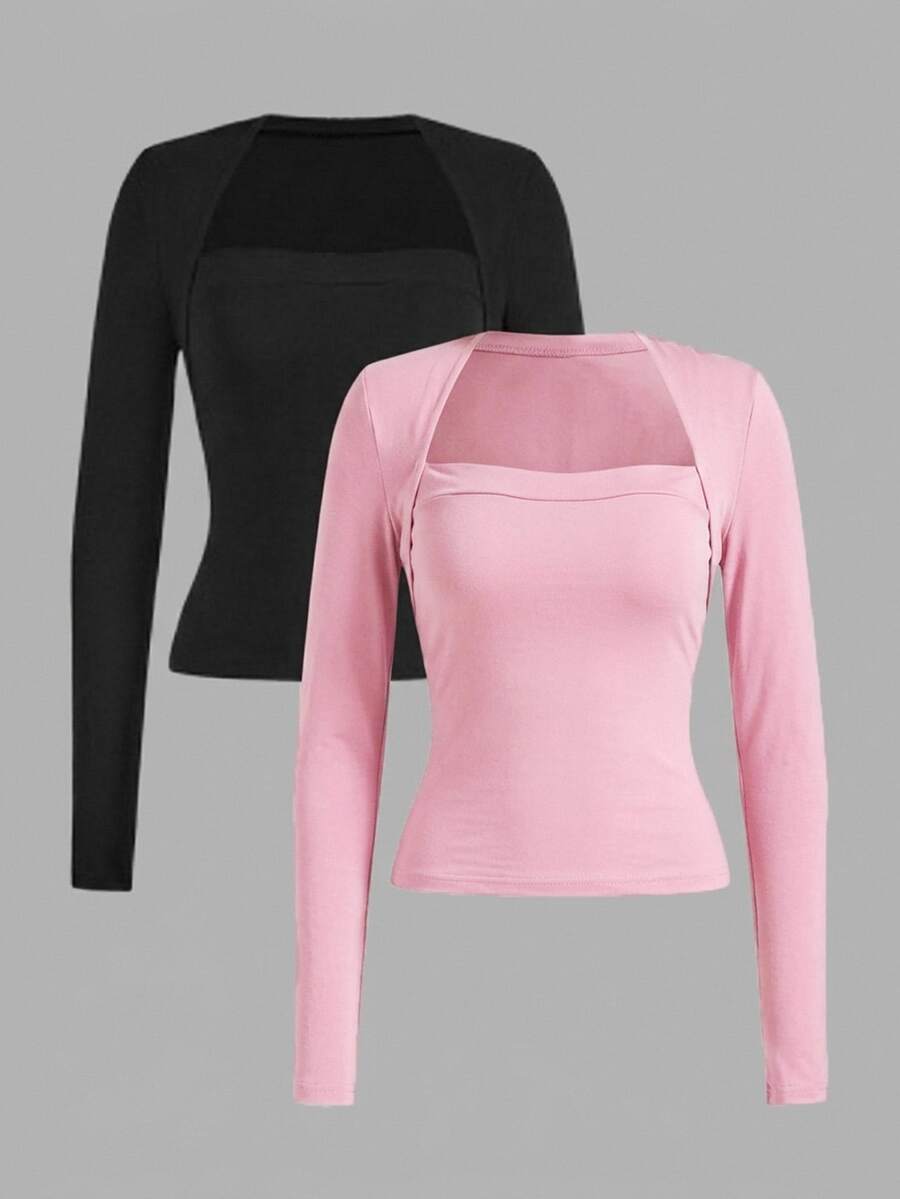 SHEIN EZwear 2件組女款純色天鵝領長袖休閒T恤 - 彩色 - 查看 1
