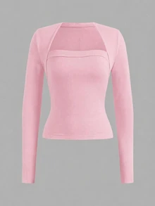 SHEIN EZwear 2件組女款純色天鵝領長袖休閒T恤 - 彩色 - 查看 8