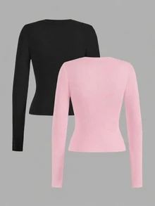 SHEIN EZwear 2件組女款純色天鵝領長袖休閒T恤 - 彩色 - 查看 2