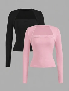 SHEIN EZwear 2件組女款純色天鵝領長袖休閒T恤 - 彩色 - 查看 9