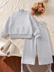 SHEIN Girls 2 Pieces Sports Fall Winter Set, Light Gray Half-Zip Stand Collar Top & Loose Athletic Pants, Soft Comfortable Outfit For Daily Wear & Outdoor - Grey - View 3