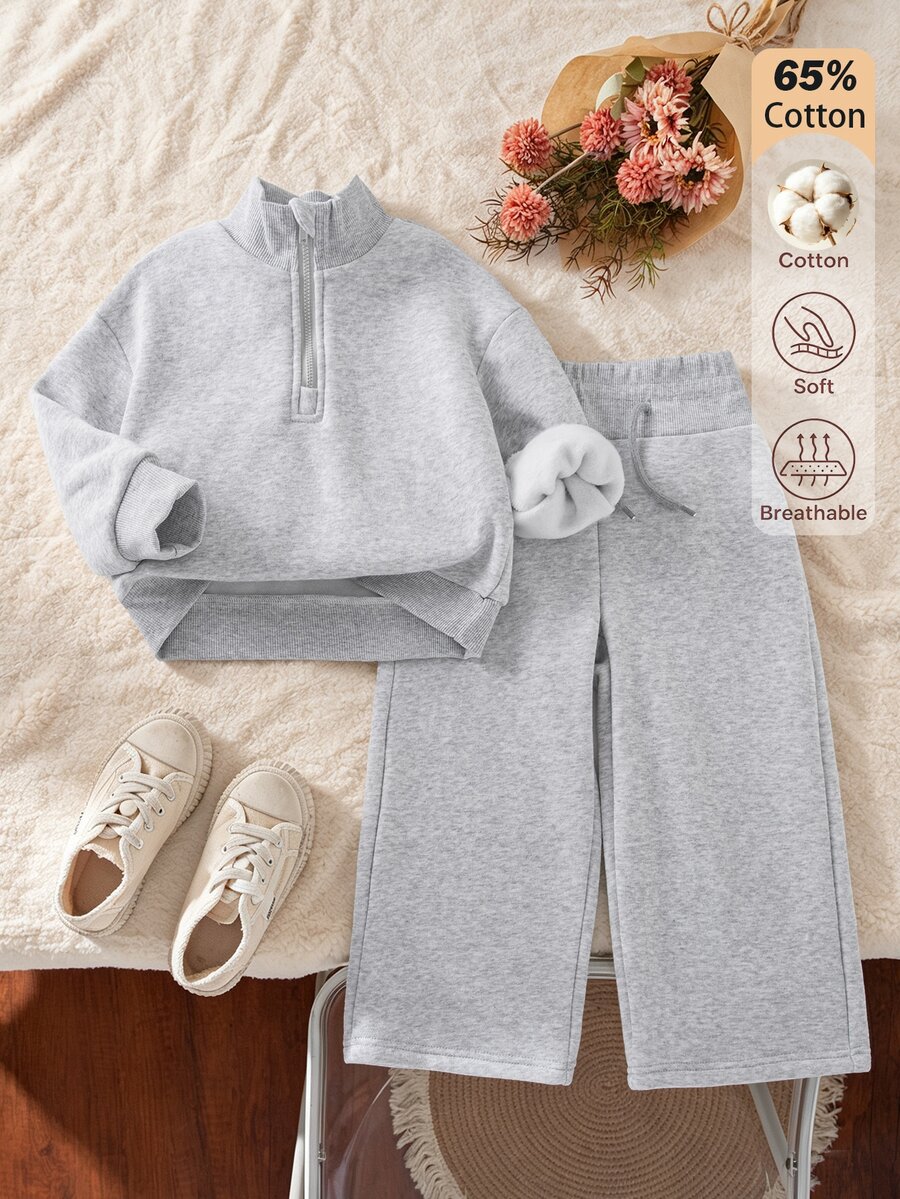 SHEIN Girls 2 Pieces Sports Fall Winter Set, Light Gray Half-Zip Stand Collar Top & Loose Athletic Pants, Soft Comfortable Outfit For Daily Wear & Outdoor