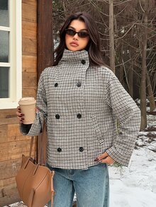 SHEIN EZwear Women's Autumn/Winter Houndstooth Long Sleeve Double-Breasted Casual Overcoat - Grey - View 6