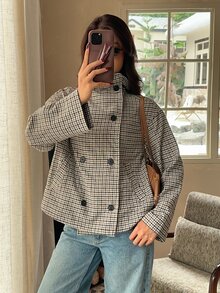 SHEIN EZwear Women's Autumn/Winter Houndstooth Long Sleeve Double-Breasted Casual Overcoat - Grey - View 5