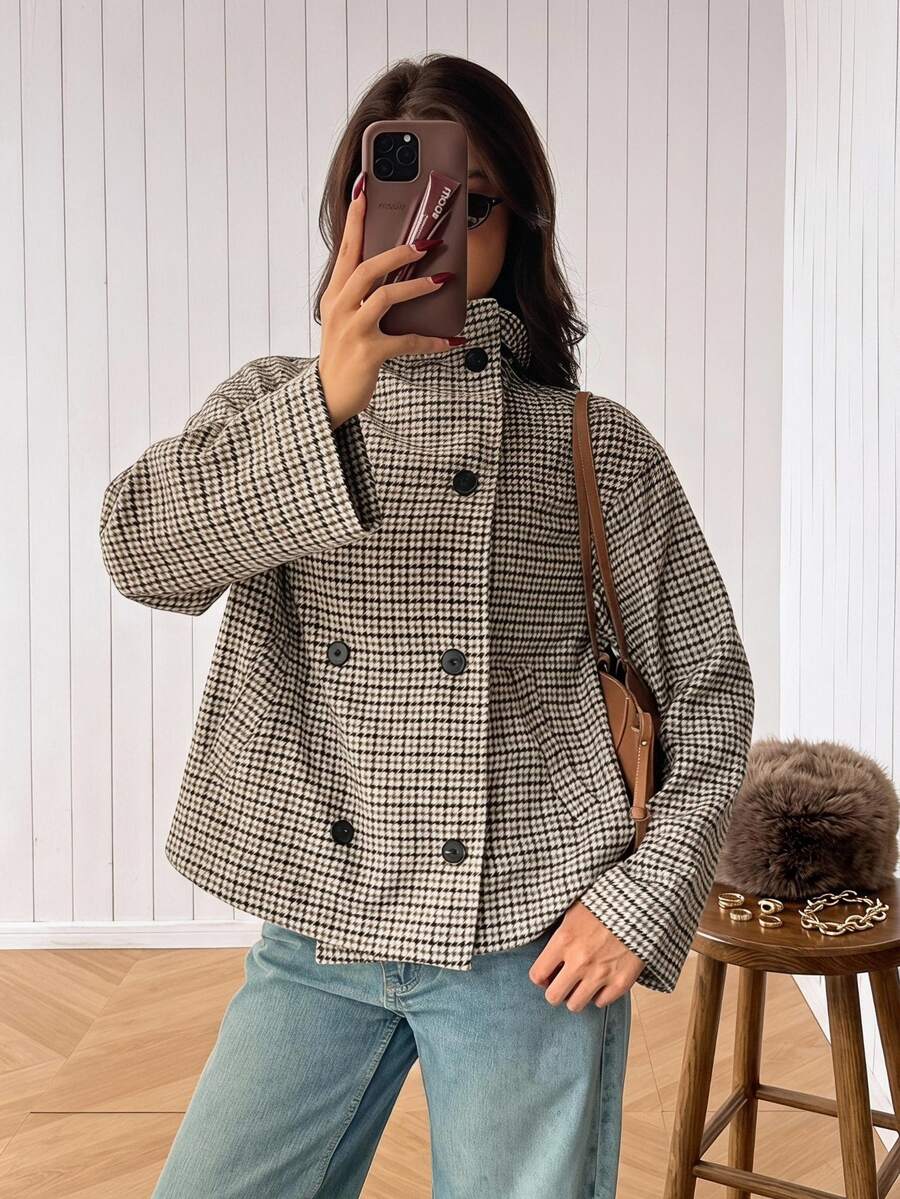 SHEIN EZwear Women's Autumn/Winter Houndstooth Long Sleeve Double-Breasted Casual Overcoat - Grey - View 1