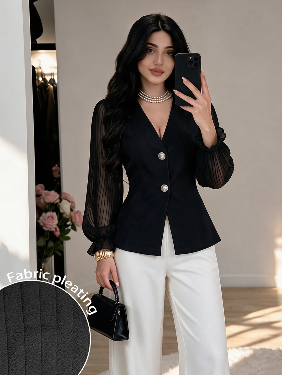 Modelyn Lady's Elegant And Romantic Suit Jacket, With V-Neck Design, Pleated Cut, Fitted Silhouette, Suitable For Business Wear, Women's Winter Clothing