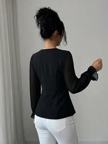 Modelyn Lady's Elegant And Romantic Suit Jacket, With V-Neck Design, Pleated Cut, Fitted Silhouette, Suitable For Business Wear, Women's Winter Clothing - Black - View 3