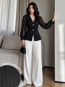 Modelyn Lady's Elegant And Romantic Suit Jacket, With V-Neck Design, Pleated Cut, Fitted Silhouette, Suitable For Business Wear, Women's Winter Clothing - Black - View 8