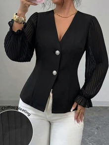 Modelyn Lady's Elegant And Romantic Suit Jacket, With V-Neck Design, Pleated Cut, Fitted Silhouette, Suitable For Business Wear, Women's Winter Clothing - Black - View 4