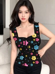 Seusyu 女款夏季蝴蝶結心形領荷葉邊修身繫腰細肩帶背心，性感可愛緊身背心，適合外出與內搭，休閒日常穿著、約會、派對，極簡無袖背心 - 黑色 - 查看 3