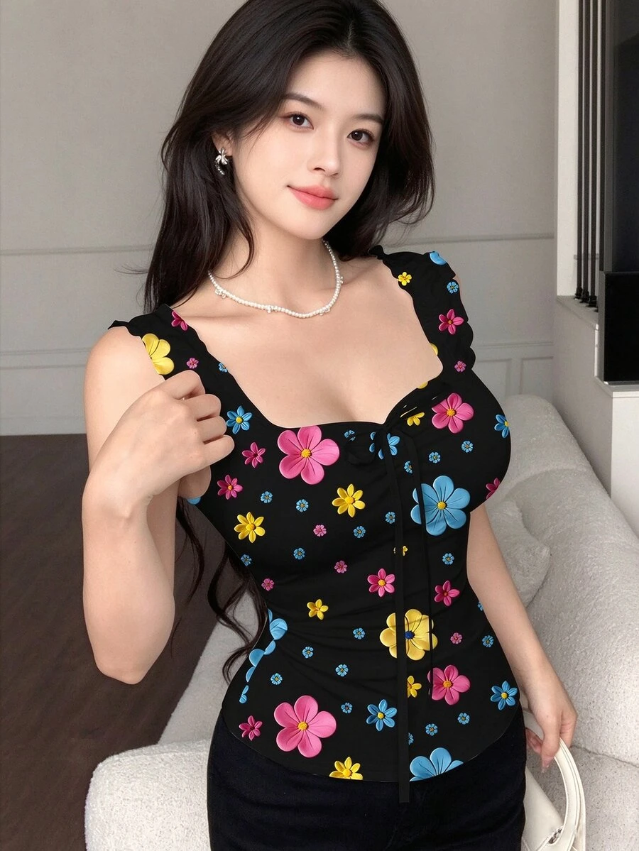 Seusyu 女款夏季蝴蝶結心形領荷葉邊修身繫腰細肩帶背心,性感可愛緊身背心,適合外出與內搭,休閒日常穿著、約會、派對,極簡無袖背心 - 黑色 - 查看 1