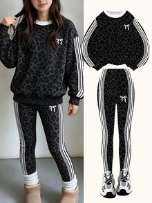Tween Girls 2 Pcs Charcoal Leopard Print Crew Neck Sweatshirt & Leggings, White Side Stripe Outfit, Fall Sets Outfit - Multicolor - View 4