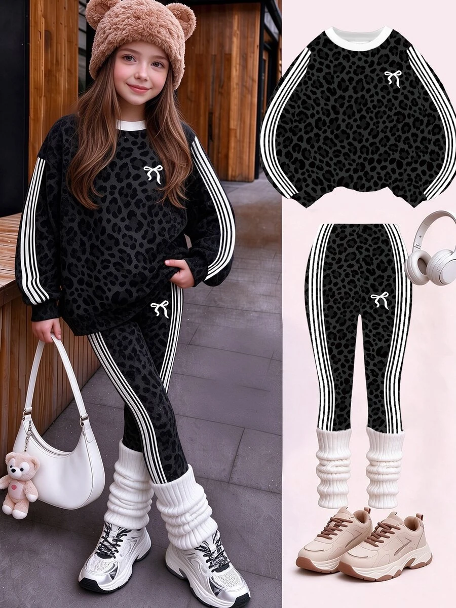 Tween Girls 2 Pcs Charcoal Leopard Print Crew Neck Sweatshirt & Leggings, White Side Stripe Outfit, Fall Sets Outfit - Multicolor - View 1