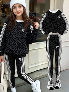 Tween Girls 2 Pcs Charcoal Leopard Print Crew Neck Sweatshirt & Leggings, White Side Stripe Outfit, Fall Sets Outfit - Multicolor - View 3