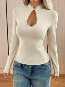 SHEIN EZwear Women's Lace Patchwork Hollow Out Slim Fit Versatile Daily Casual Sexy Elegant T-Shirt Going Out Beige Fall - Apricot - View 4