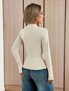 SHEIN EZwear Women's Lace Patchwork Hollow Out Slim Fit Versatile Daily Casual Sexy Elegant T-Shirt Going Out Beige Fall - Apricot - View 2