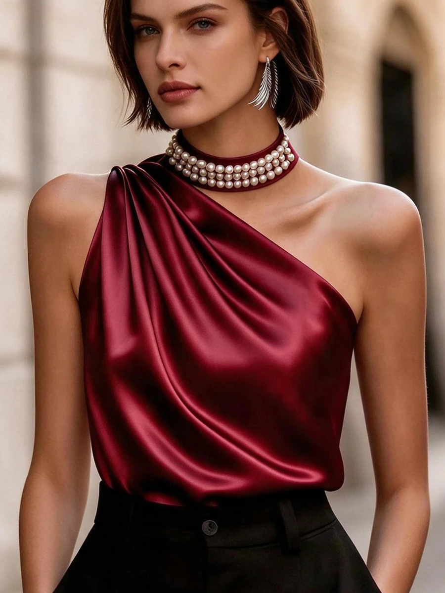 RosyDaze Women's Elegant Burgundy Satin Camisole,Pearl Collar,Ruched Shoulder One Shoulder Top,Autumn Night Out Classy Formal Party Tops For Women
