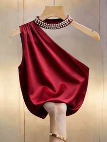 RosyDaze Women's Elegant Burgundy Satin Camisole,Pearl Collar,Ruched Shoulder One Shoulder Top,Autumn Night Out Classy Formal Party Tops For Women - Burgundy - View 6