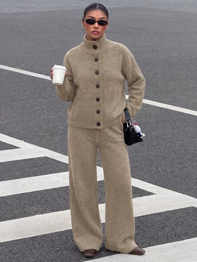 Muchica Women's Mocha Brushed Knit Button Cardigan And Wide Leg Pants Matching Two Pieces Set