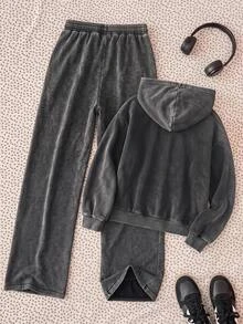 SHEIN Tween女孩秋冬長袖長褲雪花黑色連帽外套套裝 字母印花 2件組 休閒日常街頭風 - 黑色 - 查看 2
