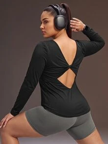 Powerista 女款大尺碼露背長袖方領修身運動T恤，適合跑步、健身、運動、瑜珈，露背戶外健身房秋季款 - 黑色 - 查看 1