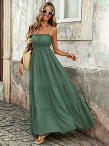 Pariaura Women's French Style Tropical Boho Vacation Spaghetti Strap Frill Trim Fitted Waist Long Textured Sage Green Dress, Spring/Summer Beach - Green - View 4