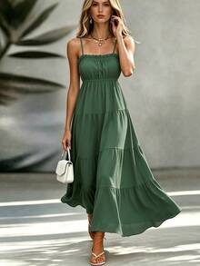Pariaura Women's French Style Tropical Boho Vacation Spaghetti Strap Frill Trim Fitted Waist Long Textured Sage Green Dress, Spring/Summer Beach - Green - View 1